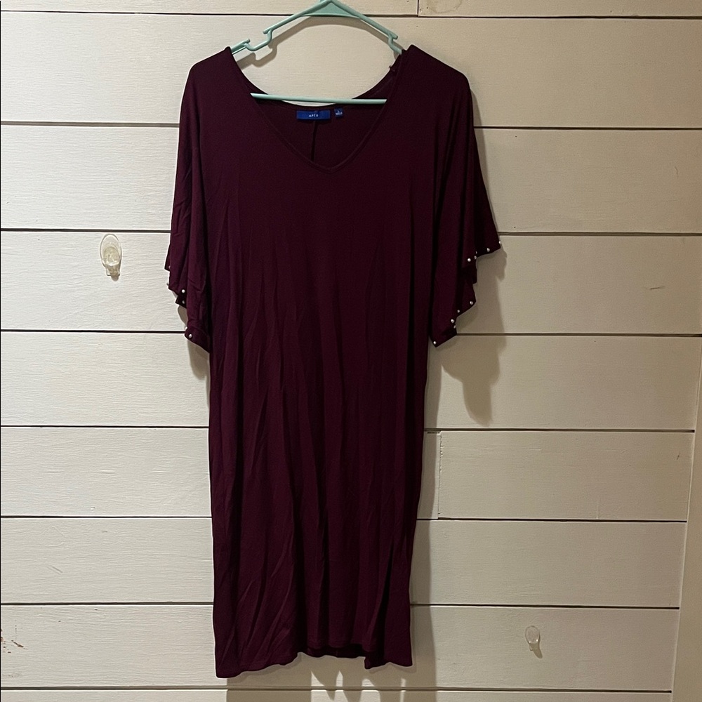 Burgundy V-Neck Dress with Ruffle Sleeves